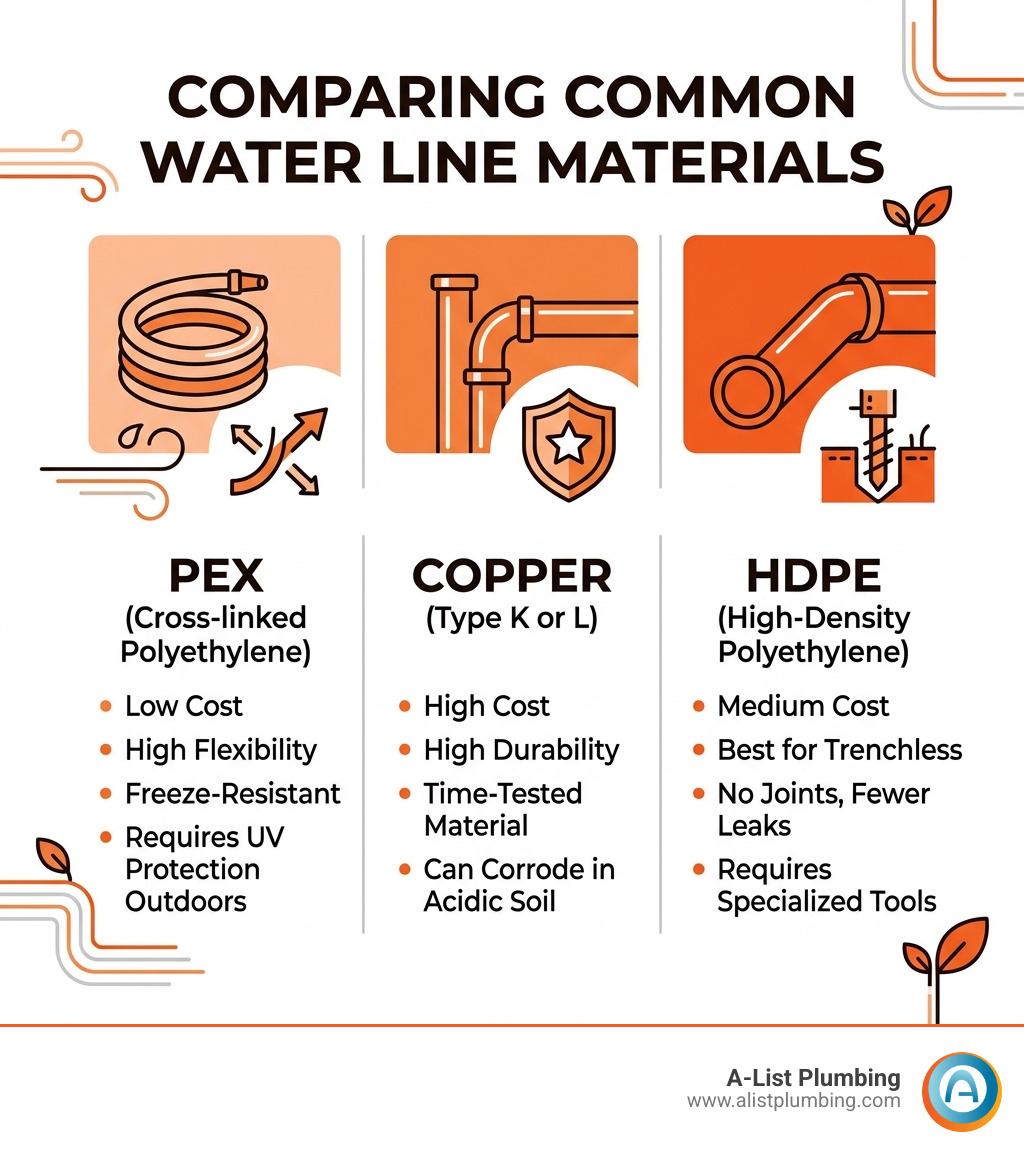 Table comparing water line materials: PEX (Low cost, high flexibility), Copper (High cost, high durability), and HDPE Table comparing water line materials: PEX (Low cost, high flexibility), Copper (High cost, high durability), and HDPE