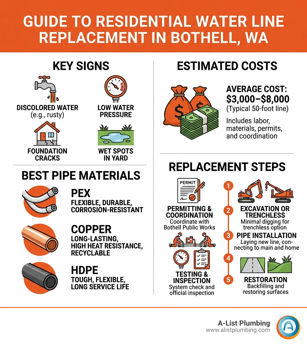Infographic showing key signs, costs, materials, and steps for residential water line replacement in Bothell WA - water line Infographic showing key signs, costs, materials, and steps for residential water line replacement in Bothell WA - water line