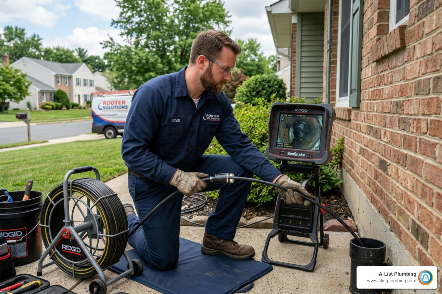 Professional technician inserting a high-definition sewer camera into a cleanout to diagnose a blockage - drain cleaning
