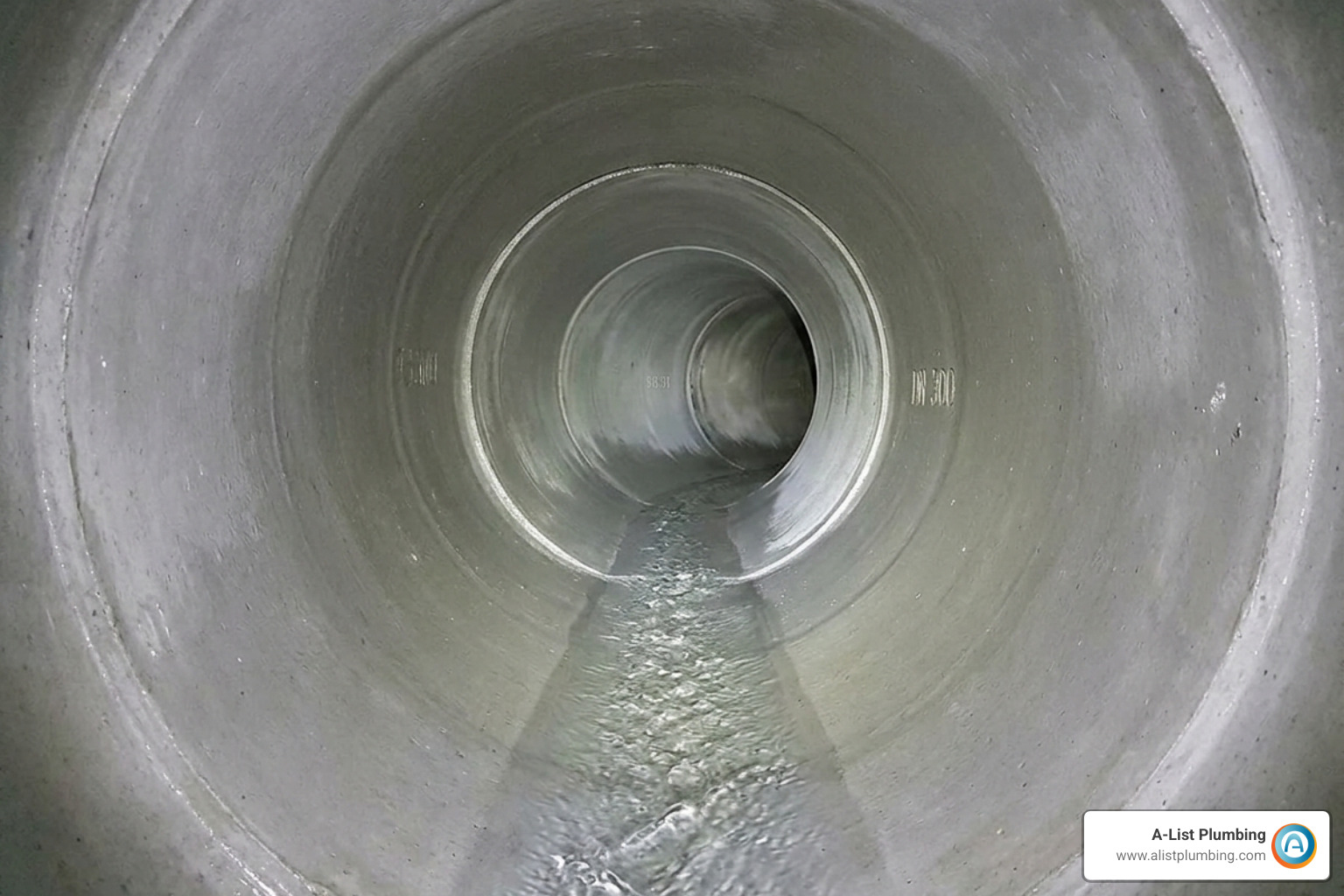 A clean, well-maintained sewer line as seen through a camera inspection, showing smooth walls and clear flow - drain