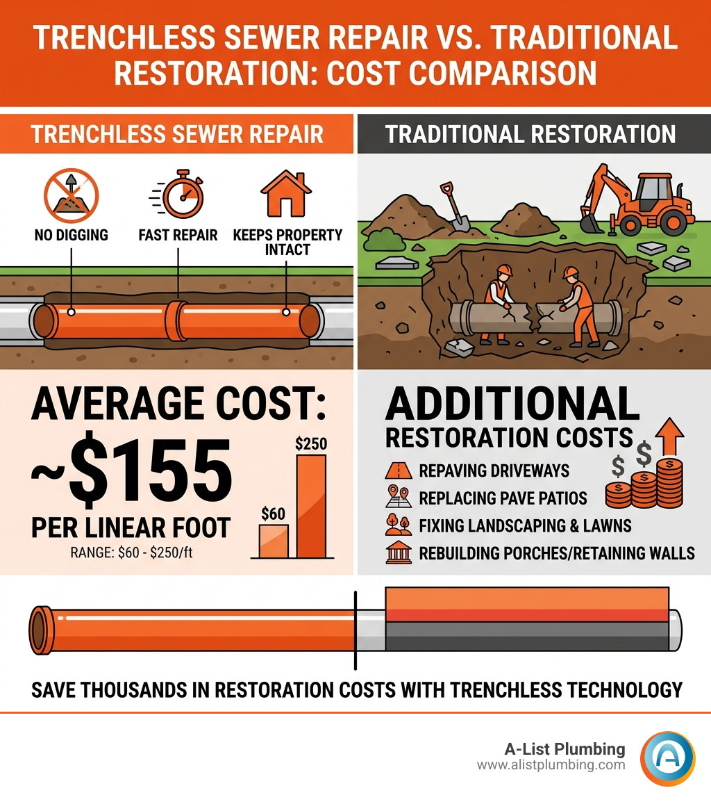 Average cost of trenchless sewer repair per linear foot compared to traditional restoration costs - trenchless sewer repair Average cost of trenchless sewer repair per linear foot compared to traditional restoration costs - trenchless sewer repair