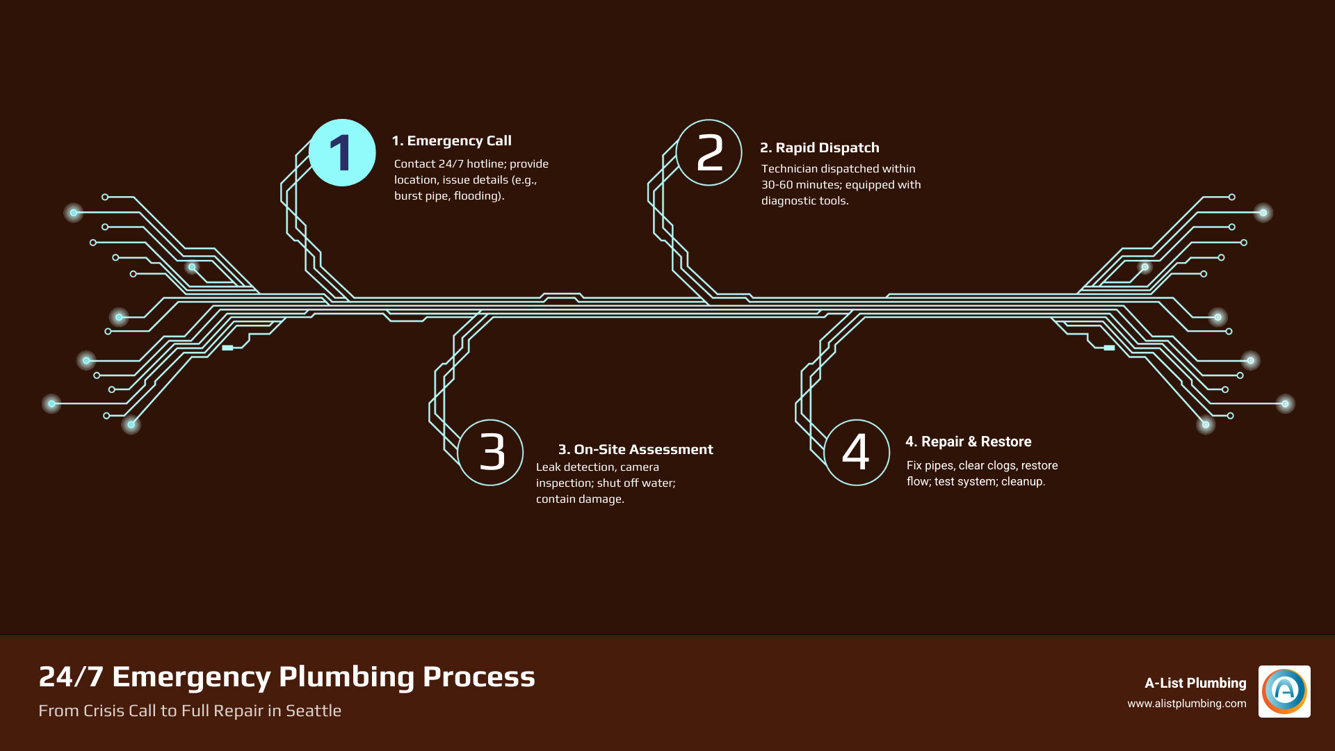Infographic showing the 5-step 24/7 emergency plumbing process in Seattle from call to repair - 24 hour plumbing services