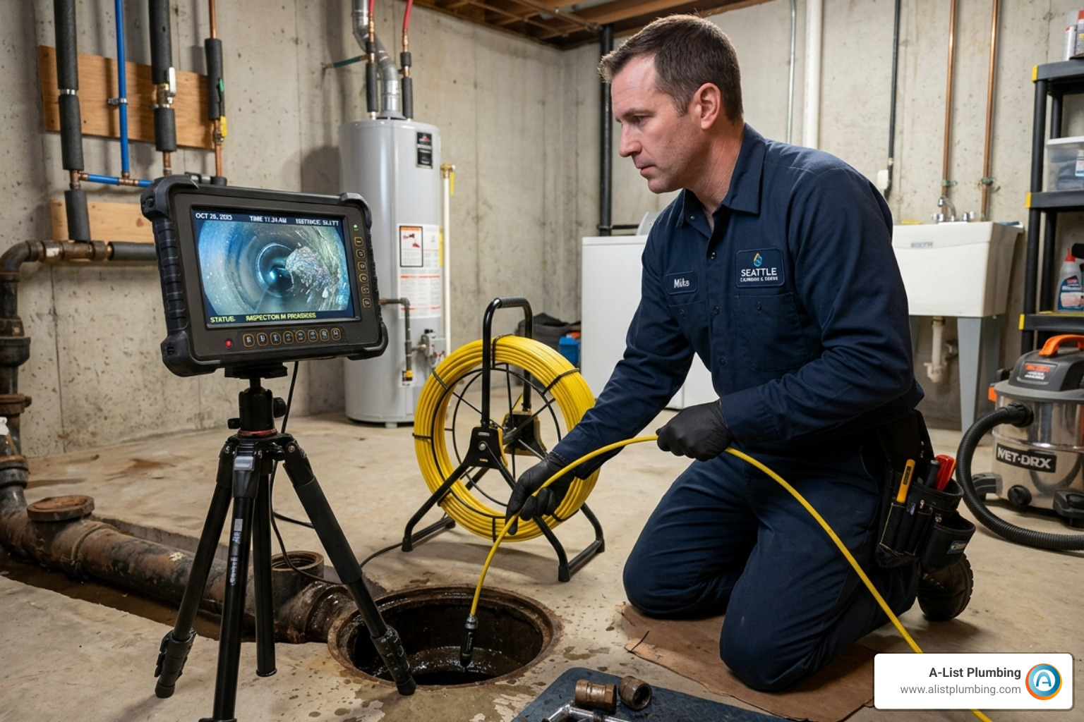 Technician performing a high-tech sewer camera inspection to find a blockage - 24 hour plumbing services seattle wa