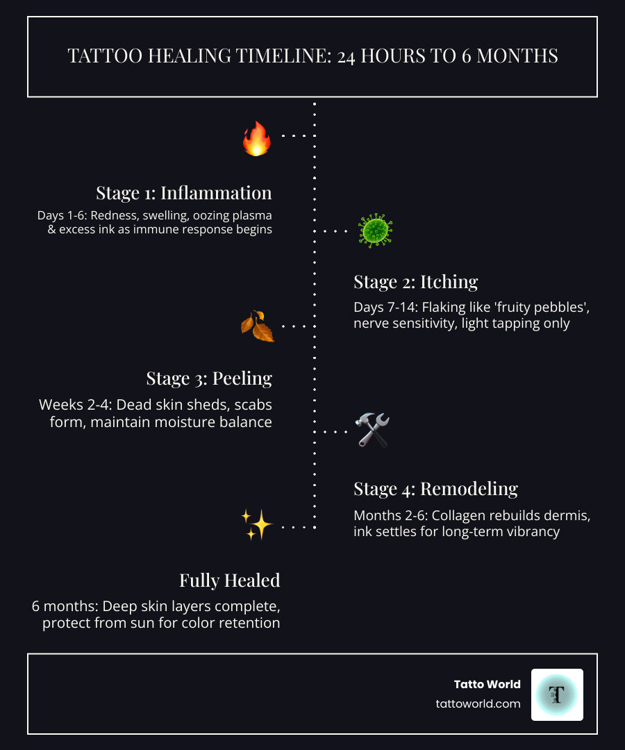 Infographic showing the tattoo healing timeline from 24 hours to 6 months with stages and key actions - proper tattoo