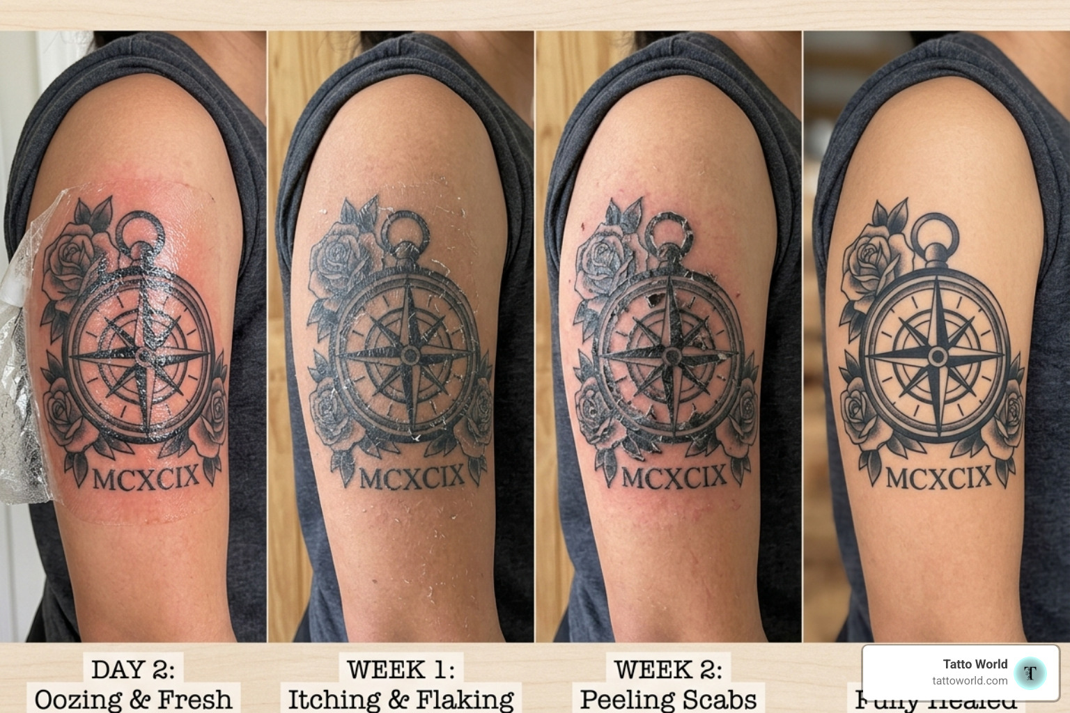 The four distinct visual phases of tattoo healing from oozing to fully settled ink - proper tattoo healing process
