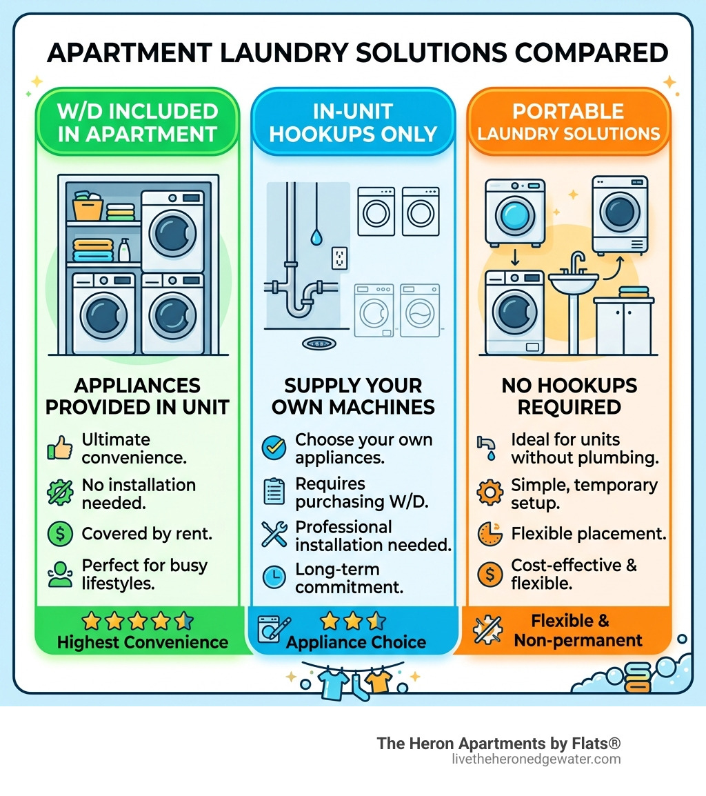 infographic showing portable laundry solutions vs in-unit hookups vs W/D included in apartments - apartment with washer and