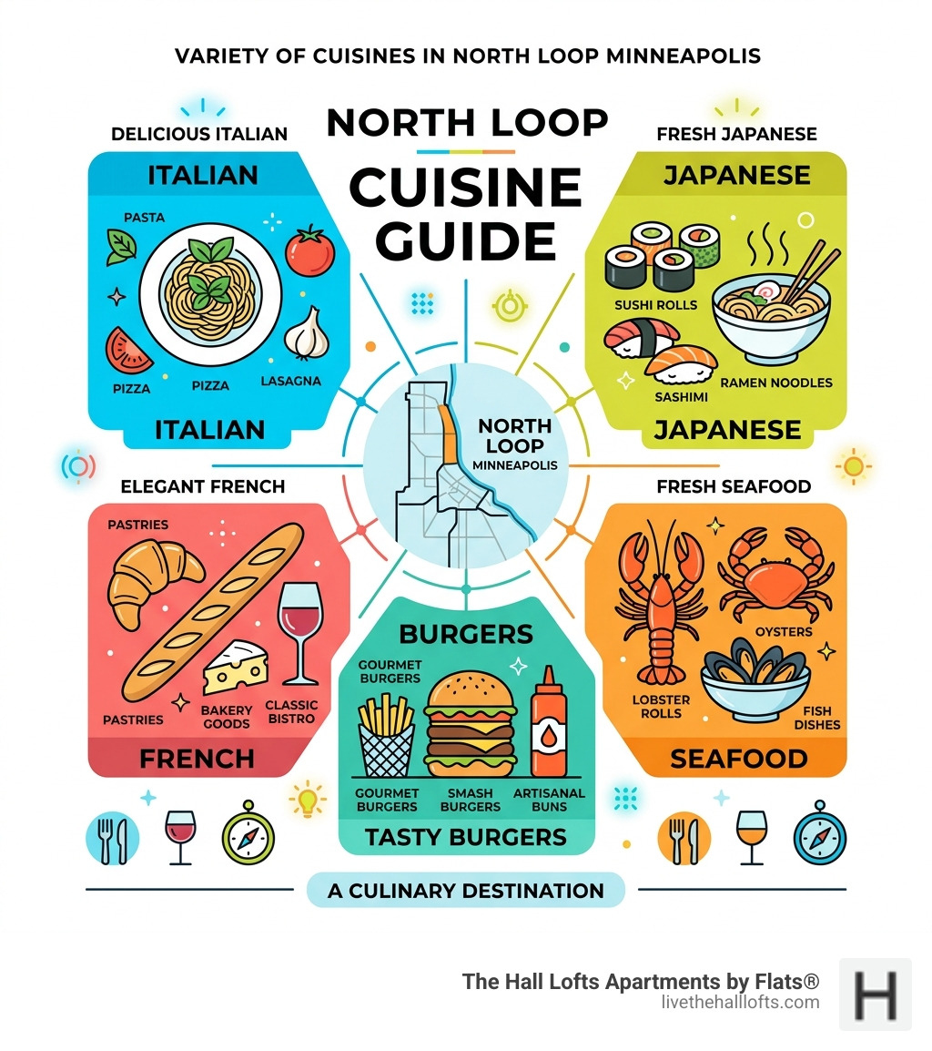 Infographic showing variety of cuisines in North Loop Minneapolis including Italian, Japanese, seafood, burgers, and French Infographic showing variety of cuisines in North Loop Minneapolis including Italian, Japanese, seafood, burgers, and French