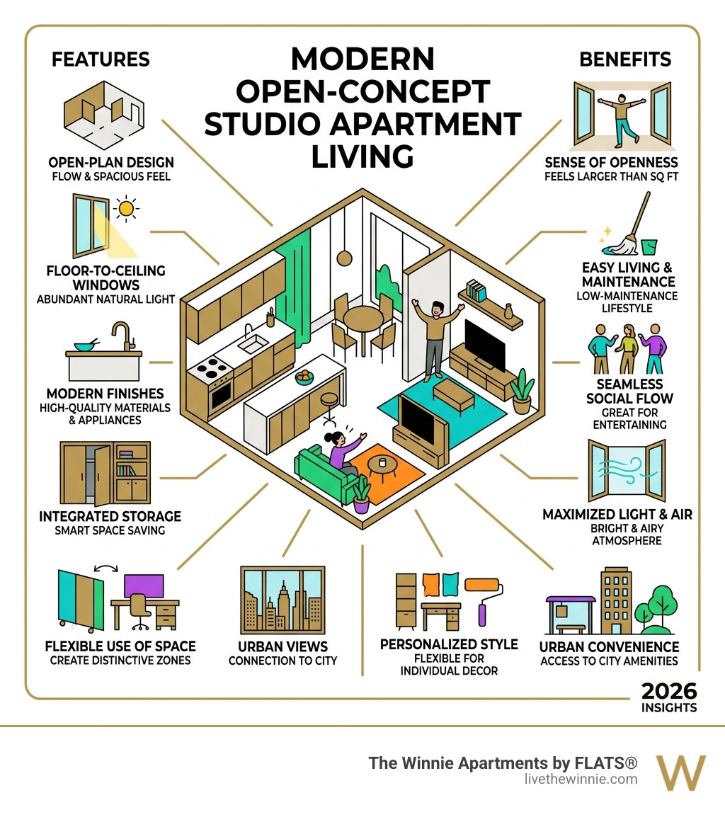 infographic showing key features and benefits of modern open-concept studio apartment living - modern studio apartments near