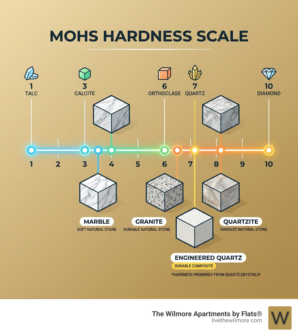 Mohs hardness scale infographic comparing marble granite quartzite and quartz countertop materials - Luxury stone