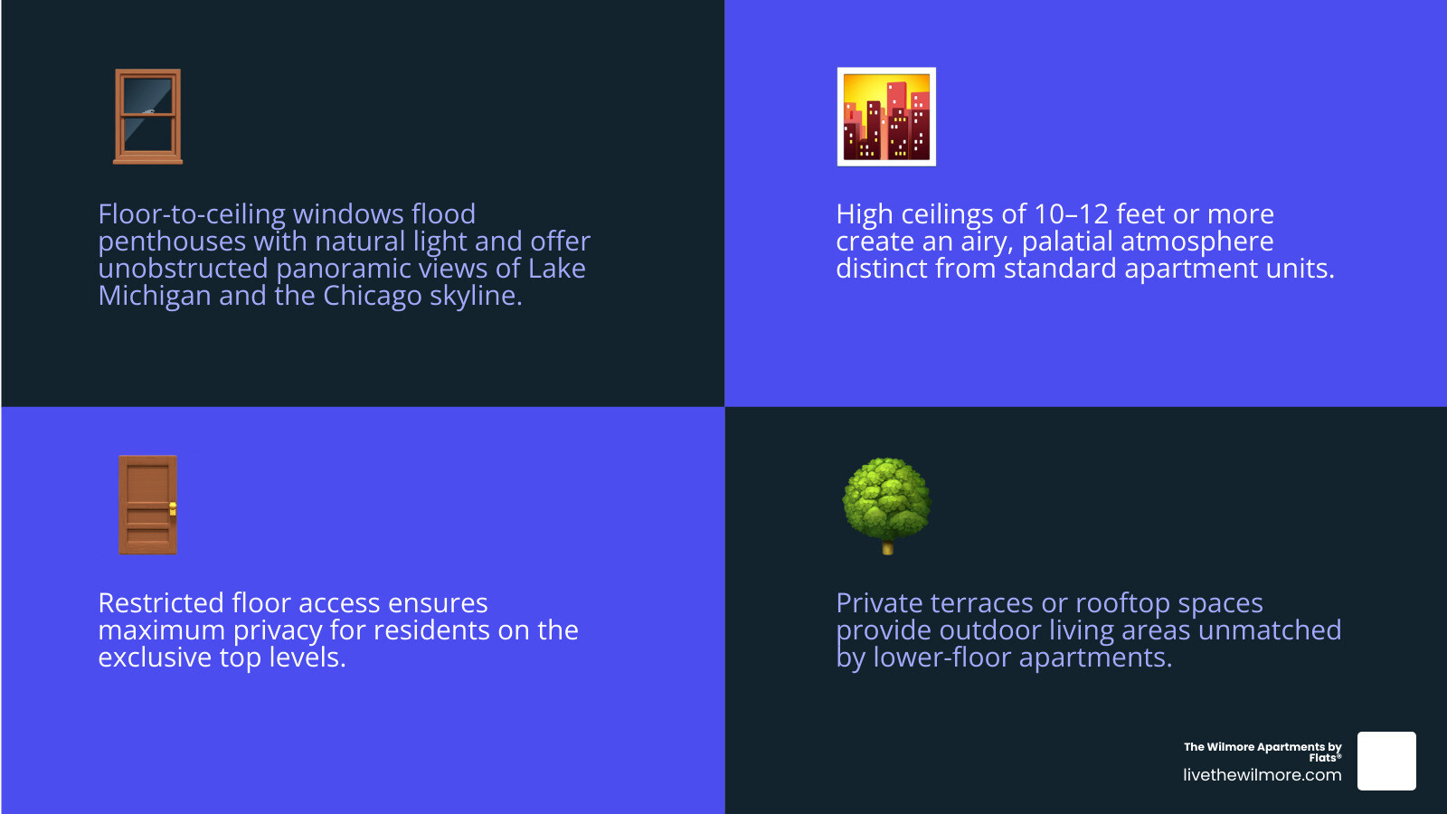 Key features and neighborhoods of Chicago penthouse apartments overview - penthouse apartments chicago infographic