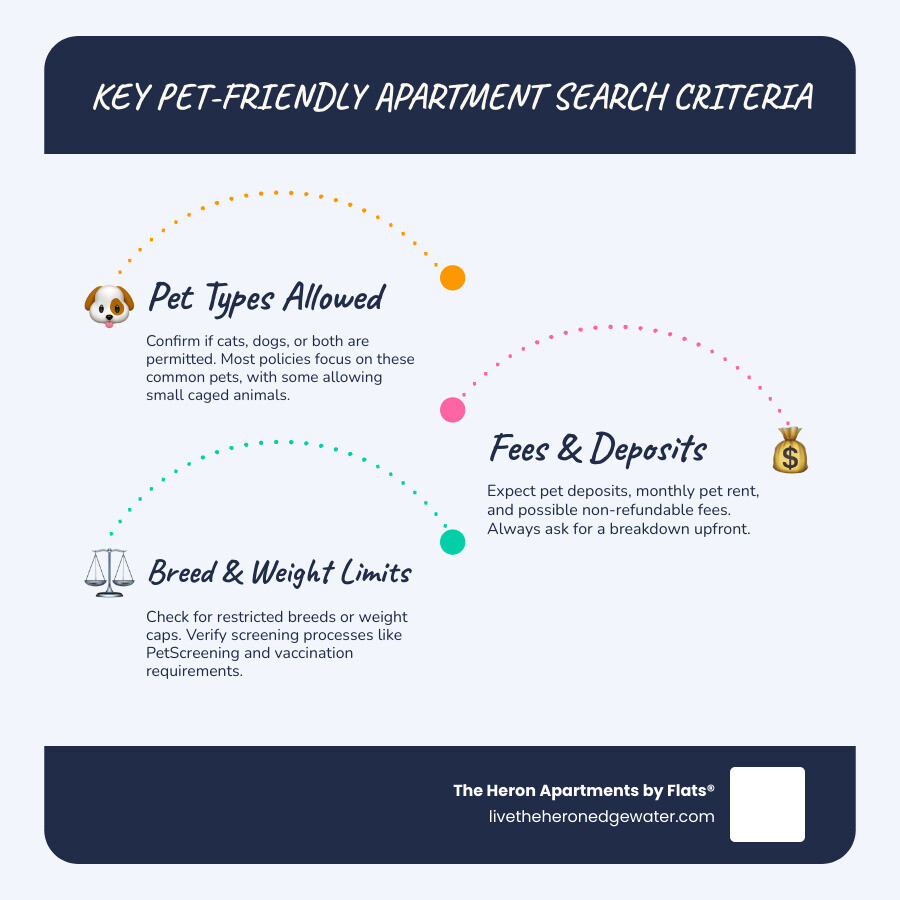 Infographic showing key pet-friendly apartment search criteria: pet types allowed, fees, breed restrictions, amenities - pet
