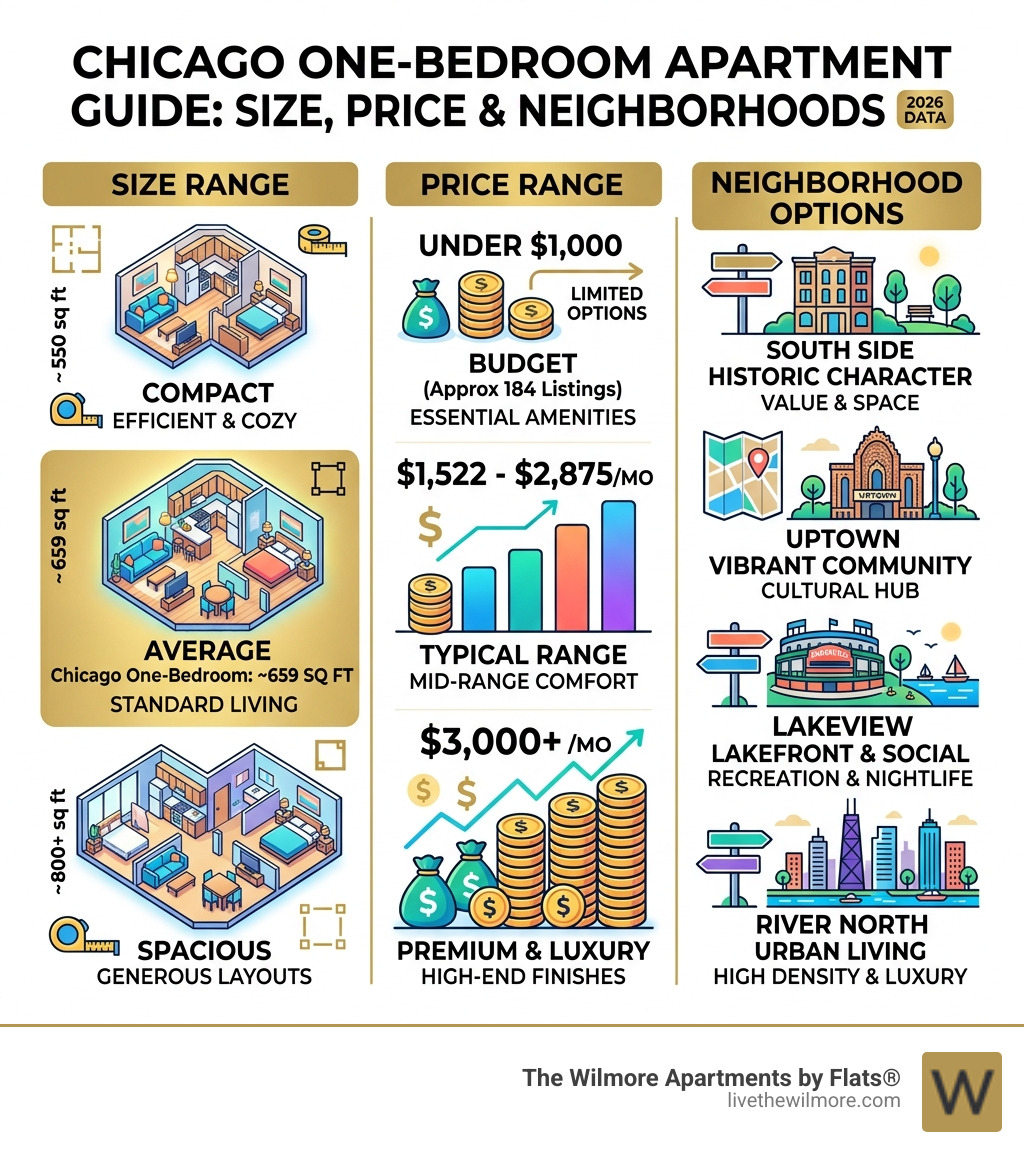 Infographic comparing Chicago one-bedroom apartment sizes and neighborhood options - one bedroom apartments