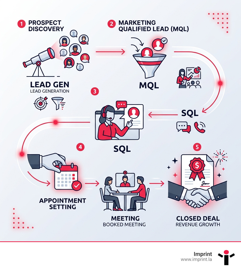 Infographic showing the journey from prospect to closed deal: Lead Gen to MQL to SQL to Appointment to Closed Deal