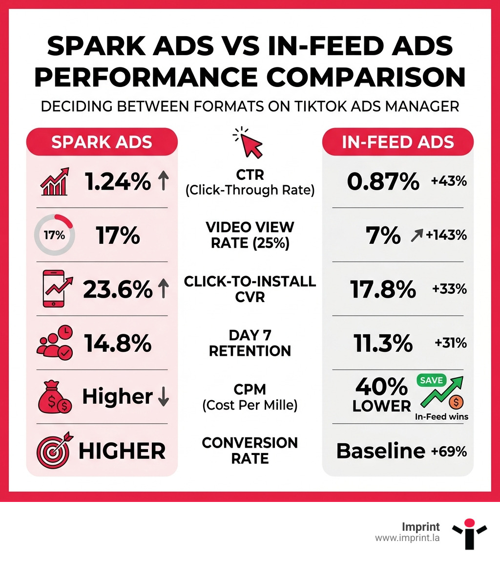 Spark Ads vs In-Feed Ads comparison infographic showing CTR, CVR, CPM, and retention metrics - spark vs infeed performance