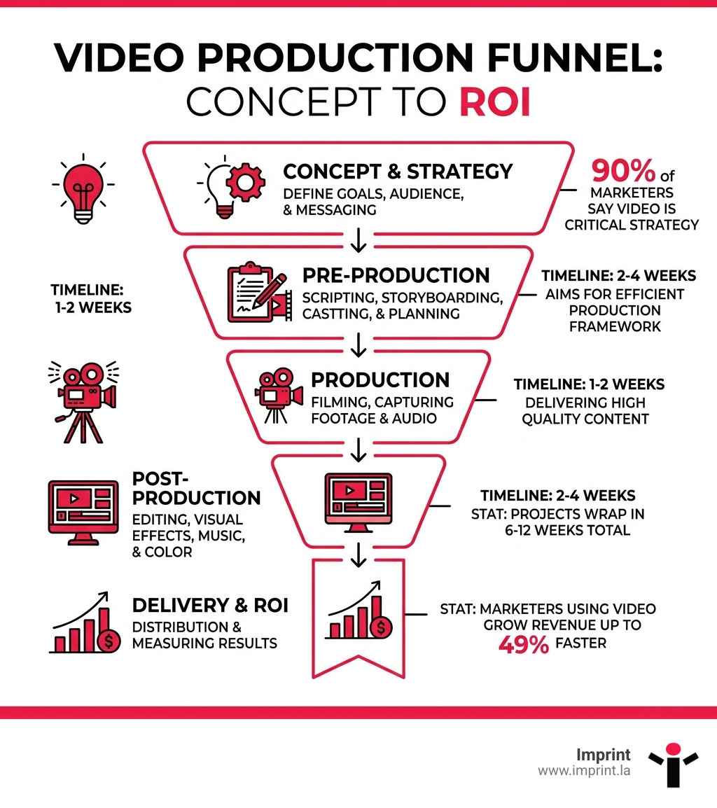 Infographic showing the video production funnel from concept to ROI with key stats and timelines - professional video