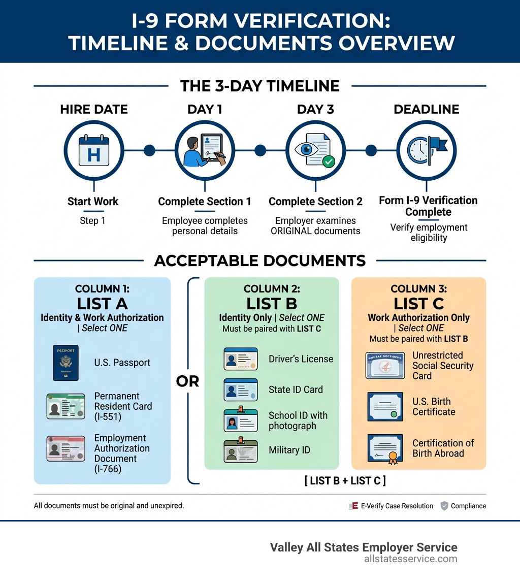 I-9 form verification documents timeline and document lists infographic overview - i 9 form verification documents