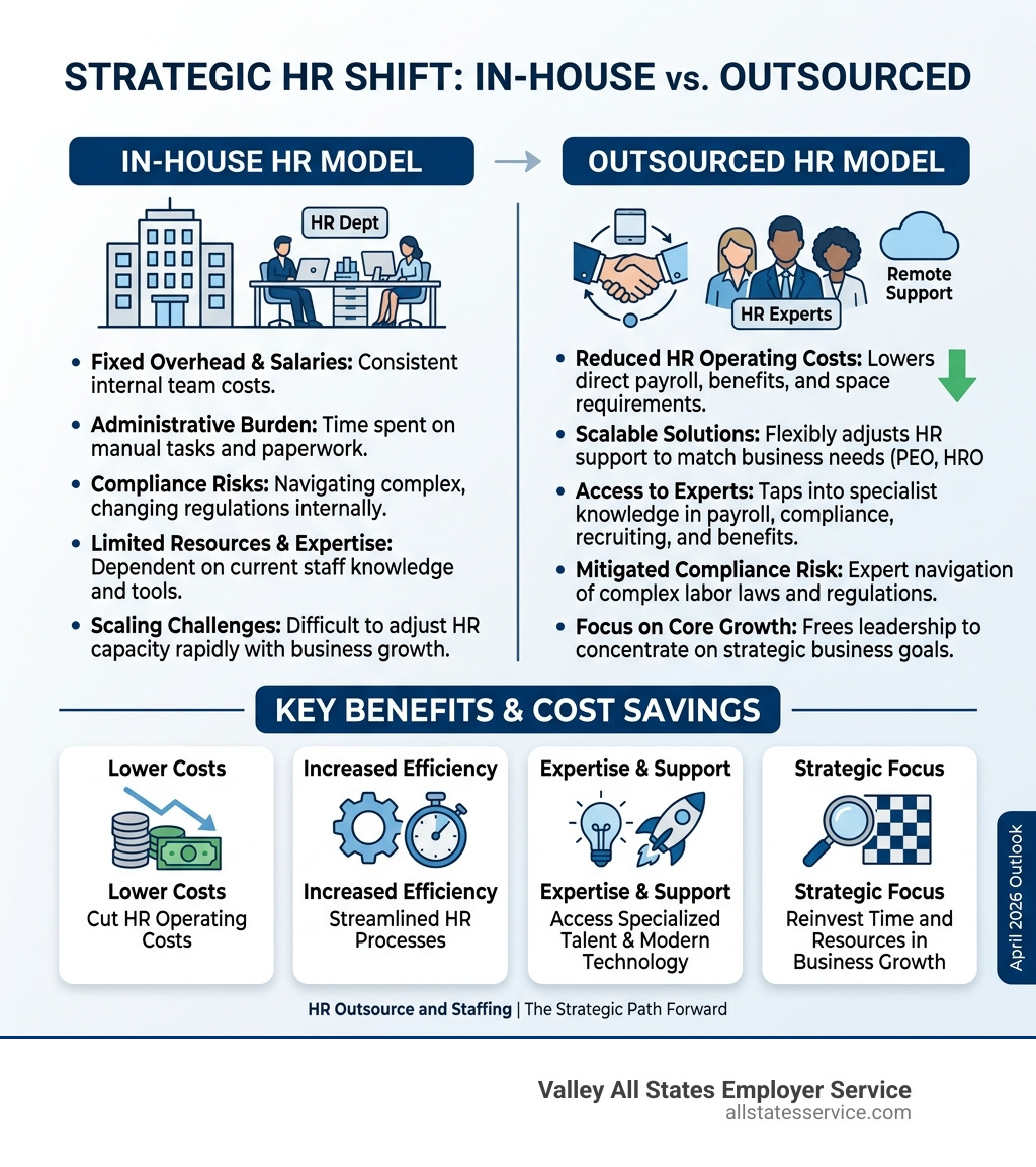Infographic showing shift from in-house HR to outsourced HR models with key benefits and cost savings - hr outsource and