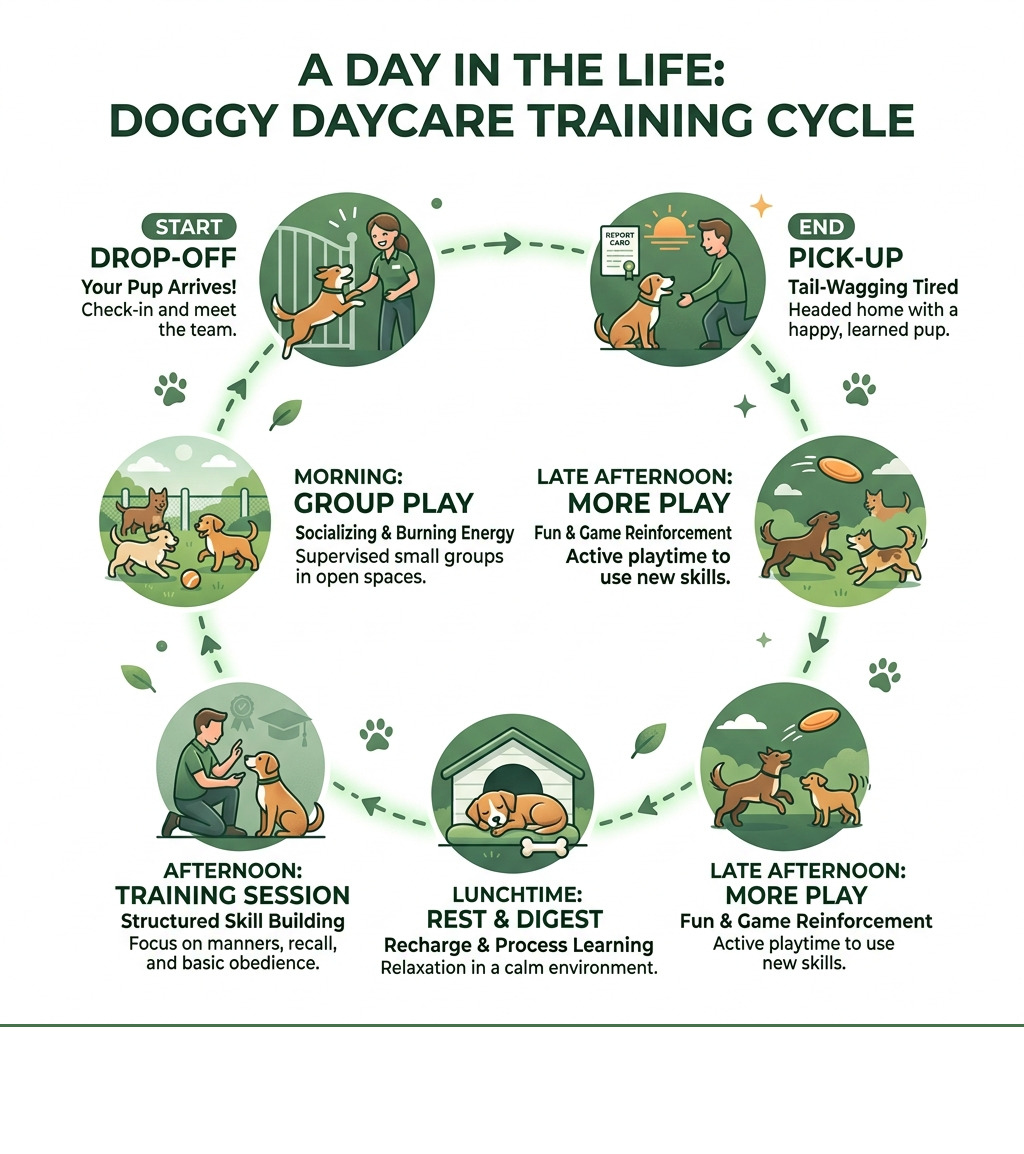 Infographic showing the daily cycle of doggy daycare training: drop-off, group play, training session, rest, more play Infographic showing the daily cycle of doggy daycare training: drop-off, group play, training session, rest, more play