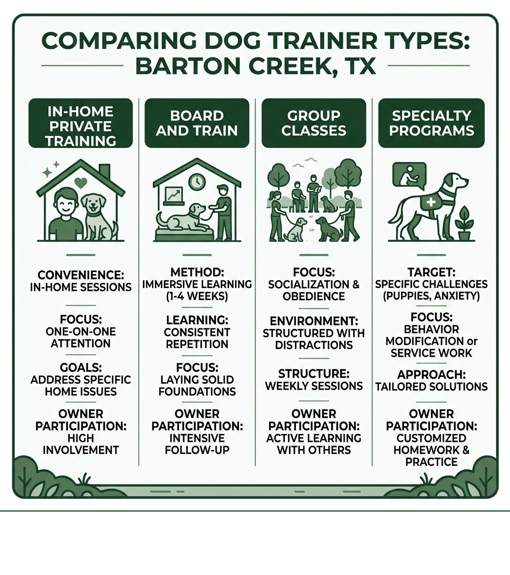 Infographic comparing dog trainer types in Barton Creek TX: in-home, board and train, group classes, specialty programs Infographic comparing dog trainer types in Barton Creek TX: in-home, board and train, group classes, specialty programs