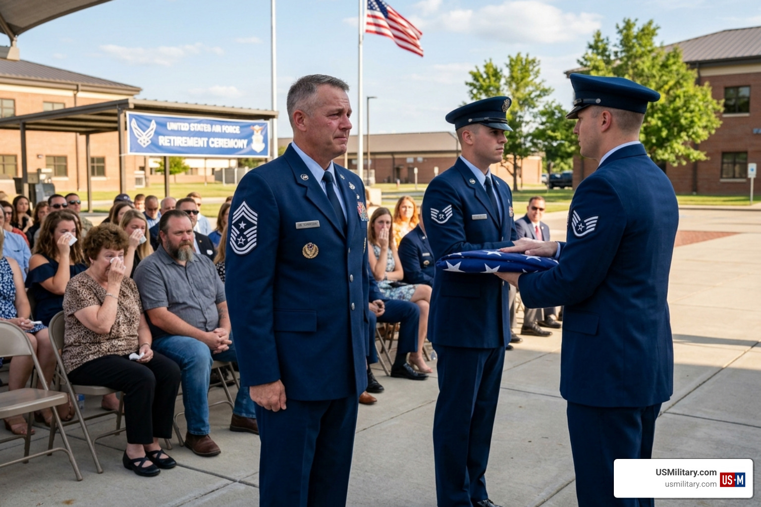 Retirement ceremony with an Air Force Chief Master Sergeant receiving a folded flag - chief master sergeant air force Retirement ceremony with an Air Force Chief Master Sergeant receiving a folded flag - chief master sergeant air force