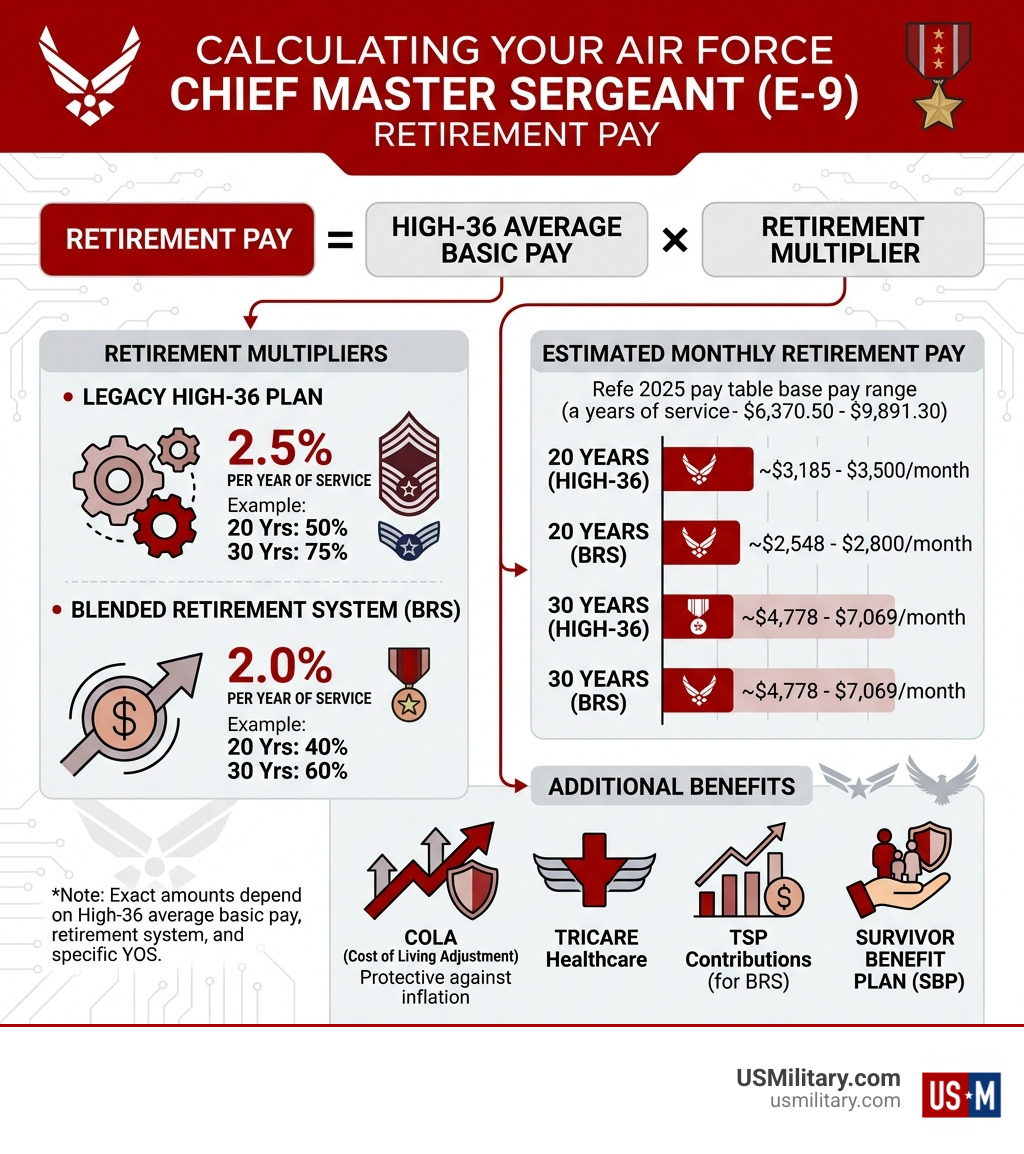 Infographic showing Chief Master Sergeant Air Force retirement pay calculation steps, multipliers, and estimated monthly Infographic showing Chief Master Sergeant Air Force retirement pay calculation steps, multipliers, and estimated monthly