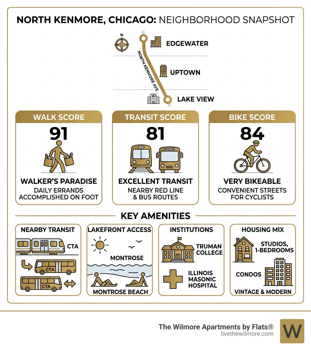 North Kenmore Chicago neighborhood overview infographic with Walk Score Transit Score Bike Score and key amenities - north