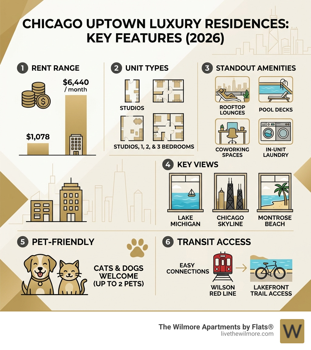 Infographic showing key features of Chicago Uptown luxury residences including rent range, amenities, and transit access Infographic showing key features of Chicago Uptown luxury residences including rent range, amenities, and transit access