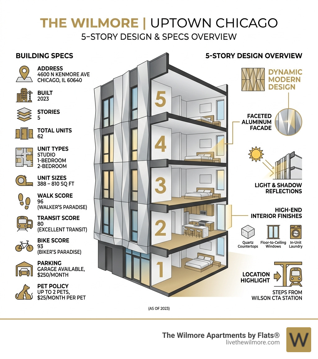 Building specs and 5-story design overview of The Wilmore Uptown Chicago - chicago uptown wilmore apartments infographic Building specs and 5-story design overview of The Wilmore Uptown Chicago - chicago uptown wilmore apartments infographic
