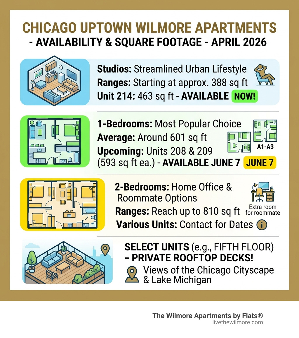 Infographic showing unit availability and square footage ranges for April 2026 - chicago uptown wilmore apartments Infographic showing unit availability and square footage ranges for April 2026 - chicago uptown wilmore apartments