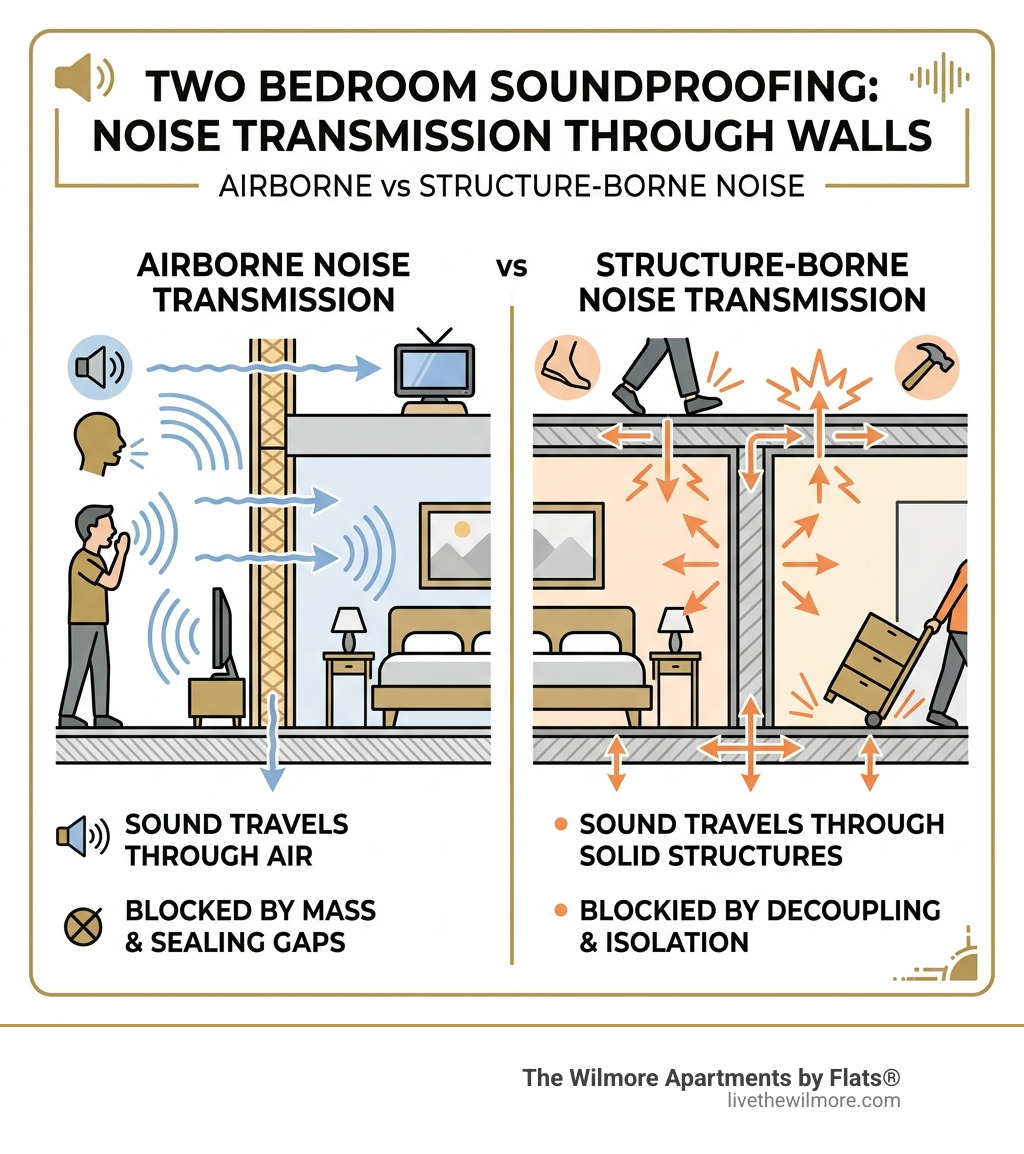 Infographic showing airborne vs structure-borne noise transmission through bedroom walls - two bedroom soundproof walls