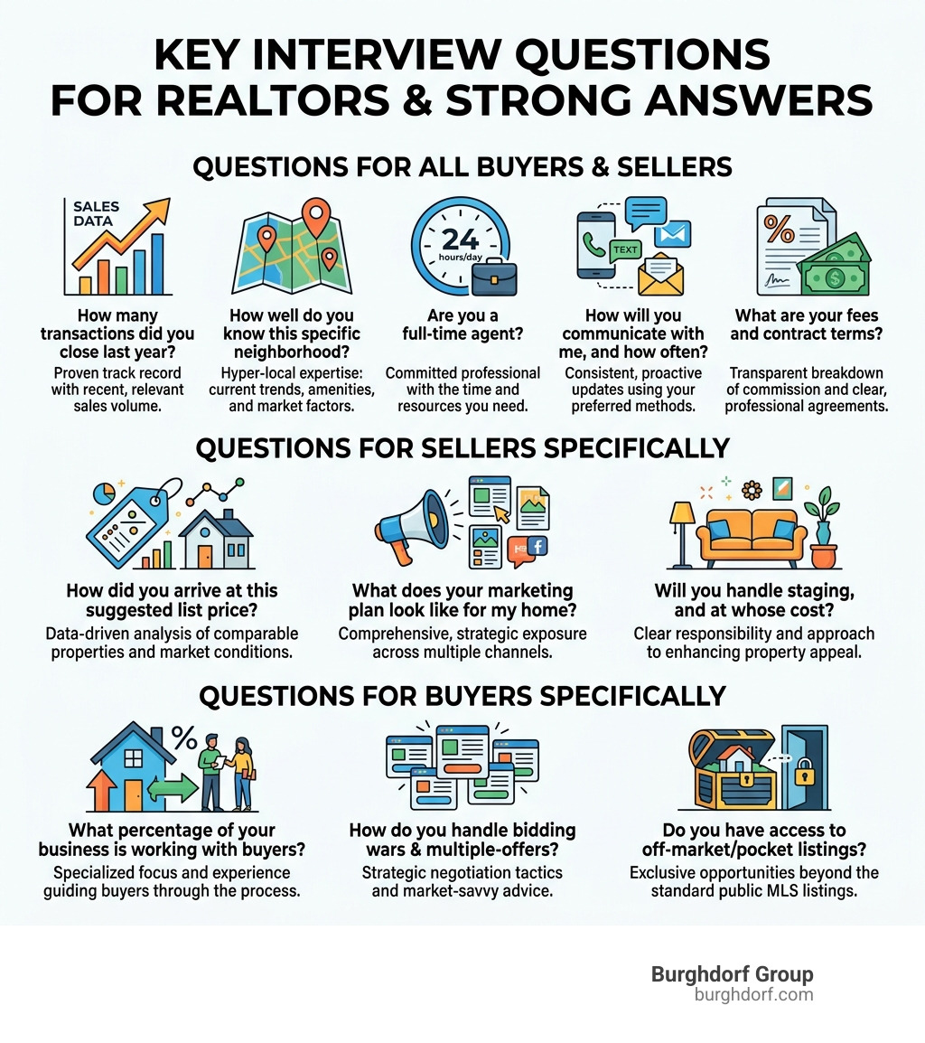 Infographic showing key interview questions for realtors and what strong answers look like - interview questions for
