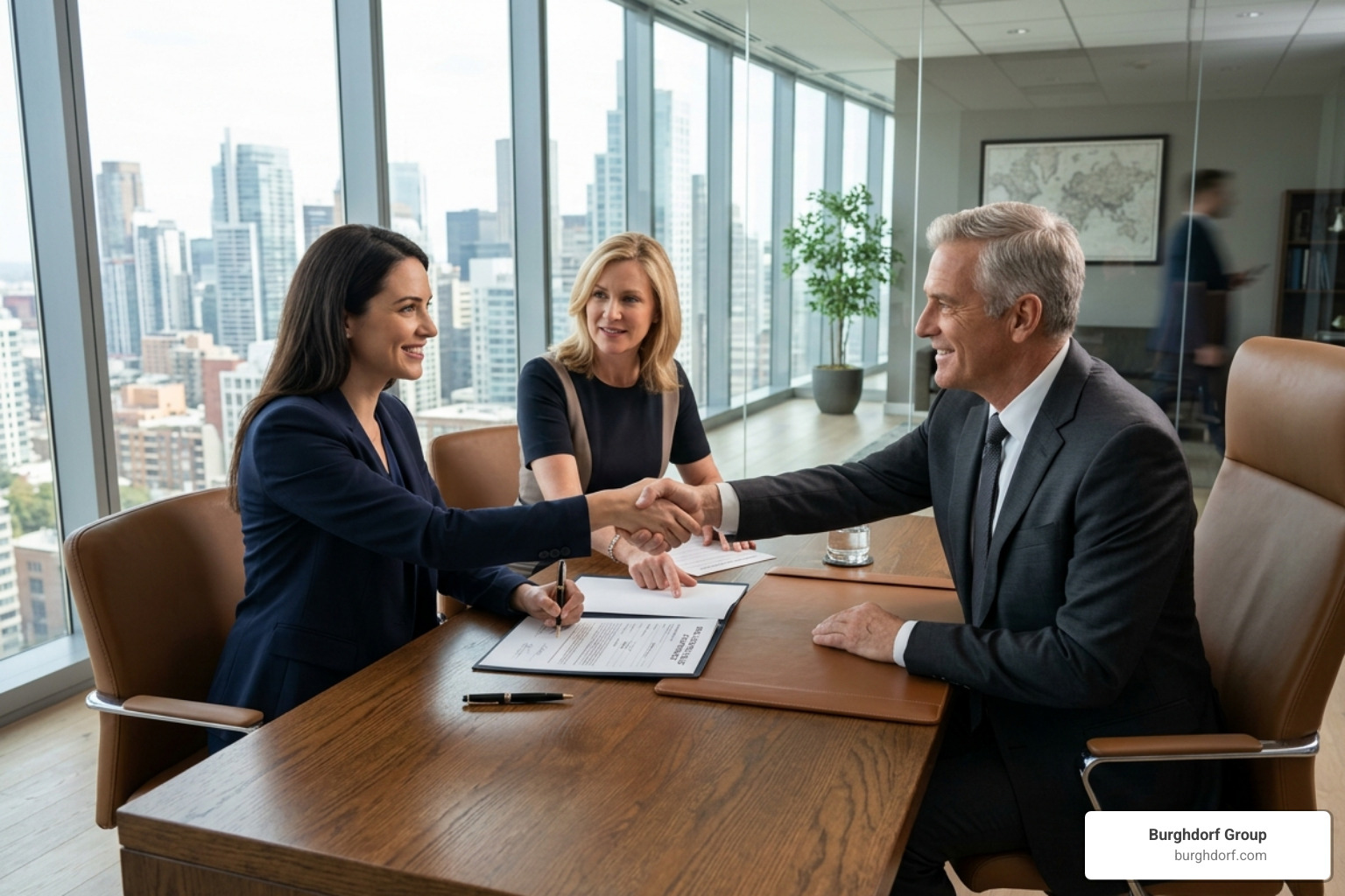 A buyer and seller signing a formal real estate contract in a luxury office setting - buyer agent vs listing agent