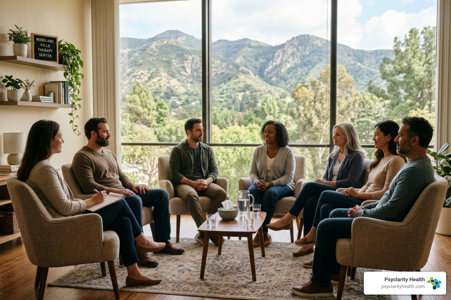 A serene therapeutic group session in Woodland Hills overlooking the mountains - outpatient mental health woodland hills