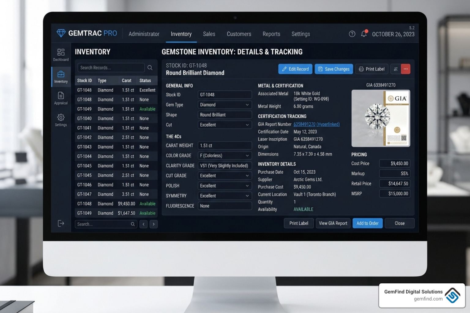 Detailed gemstone inventory screen showing 4Cs, metal type, and certification tracking - best jewelry pos system Detailed gemstone inventory screen showing 4Cs, metal type, and certification tracking - best jewelry pos system
