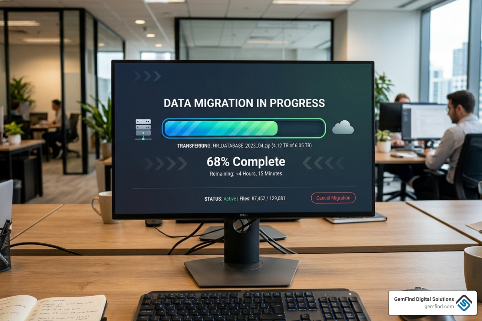 Data migration progress bar on a sleek computer monitor - best jewelry pos system Data migration progress bar on a sleek computer monitor - best jewelry pos system