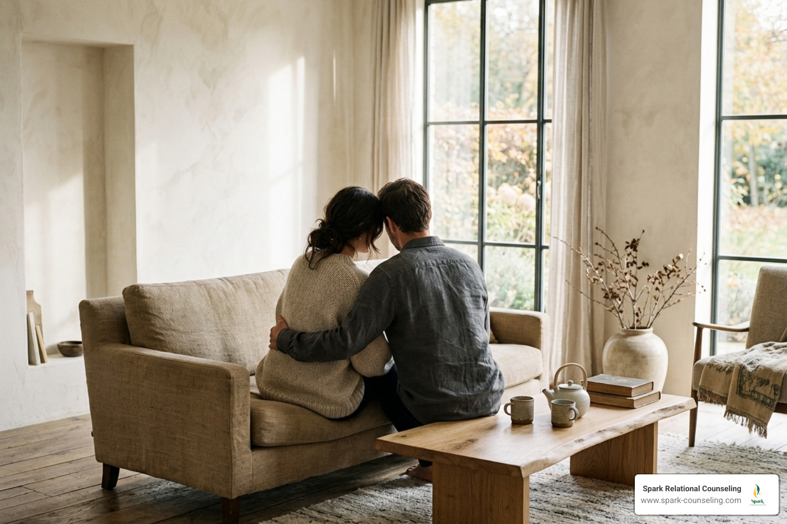 a couple sitting in a serene, sunlit room reflecting a sense of quiet hope - marriage therapy for infidelity