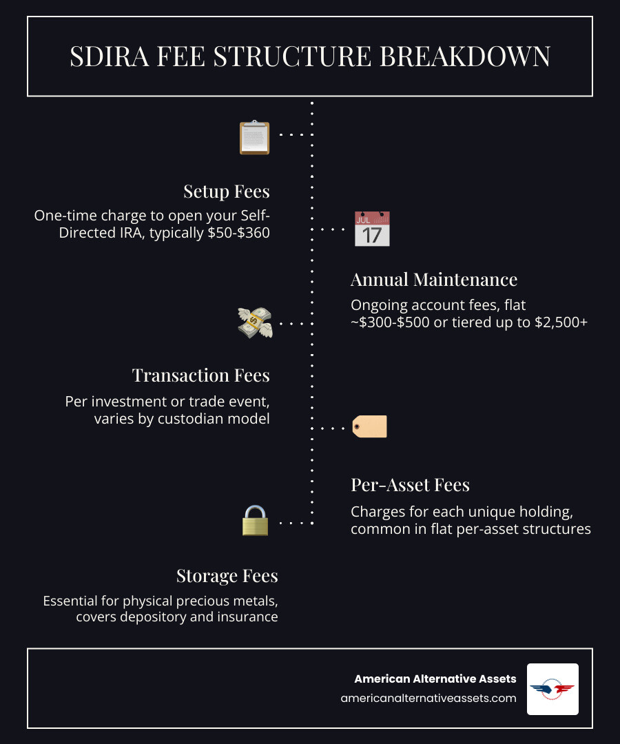 Infographic showing SDIRA fee structure types: setup, annual, transaction, storage, and termination fees with ranges