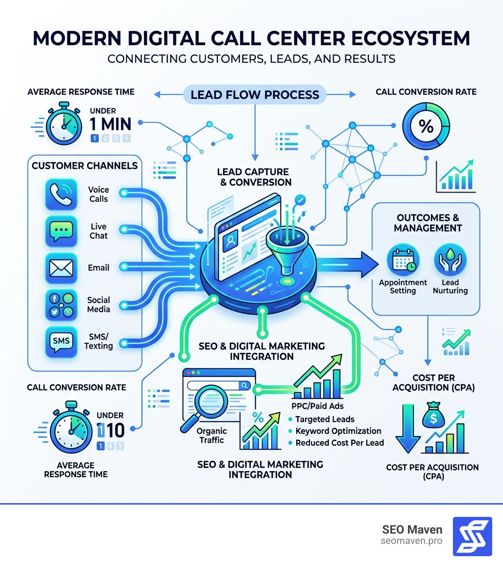 Digital call center ecosystem showing channels, lead flow, SEO integration, and key performance metrics - call center for