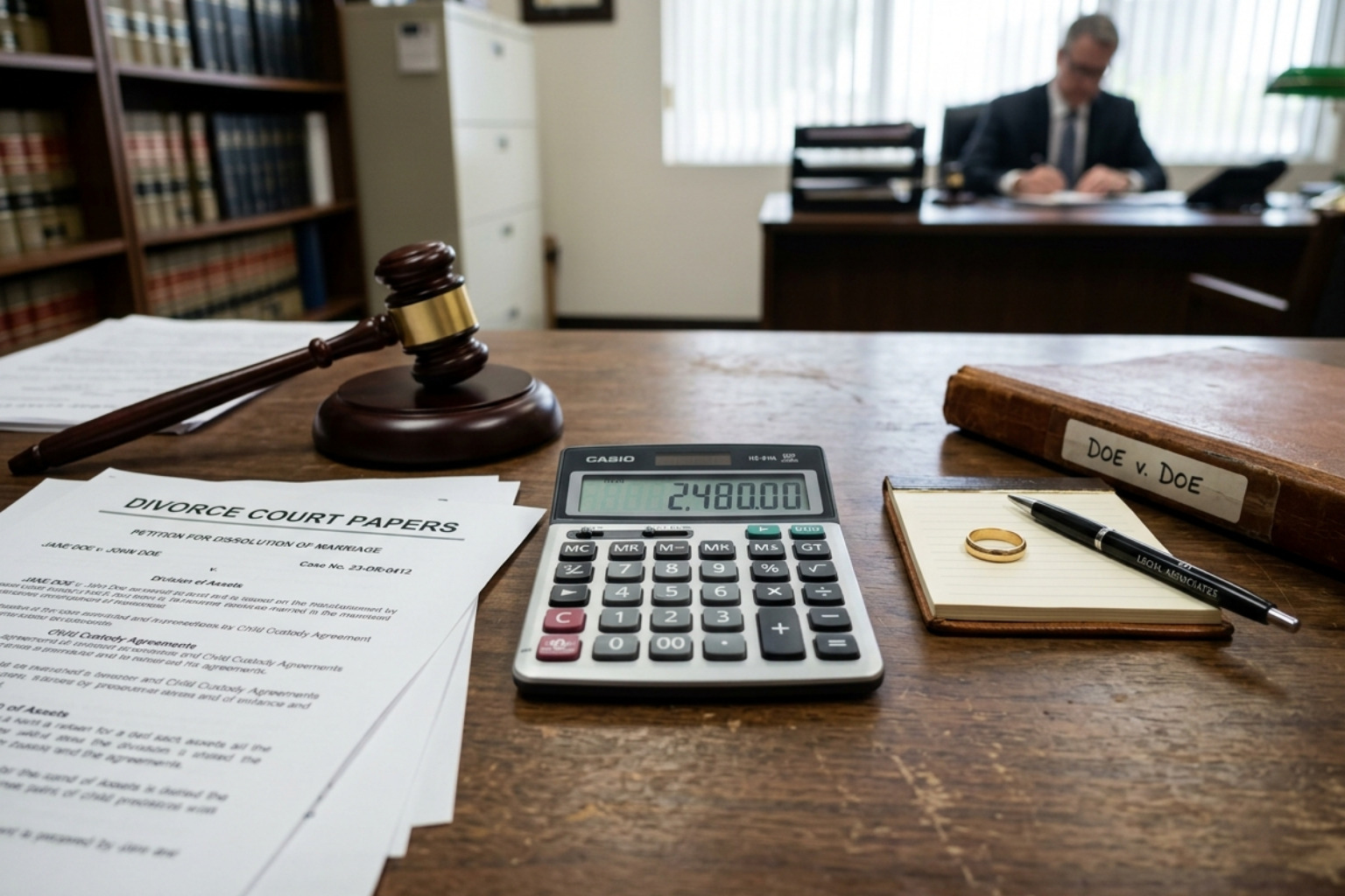 A digital calculator sitting on a legal desk next to divorce papers - california spousal support calculator