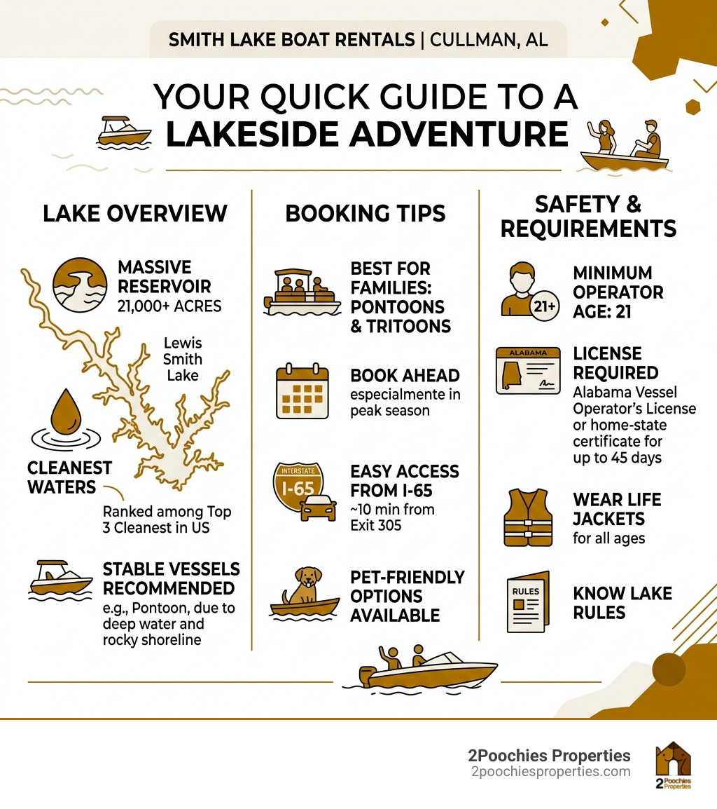 Smith Lake boat rentals Cullman AL overview infographic with booking tips and safety requirements - smith lake boat rentals
