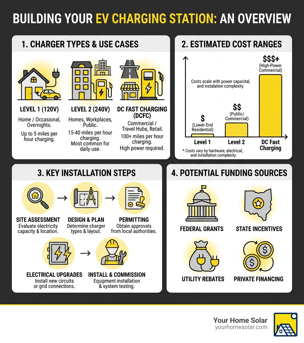 EV charging station ecosystem infographic showing charger types, costs, installation steps, and funding sources - build ev EV charging station ecosystem infographic showing charger types, costs, installation steps, and funding sources - build ev