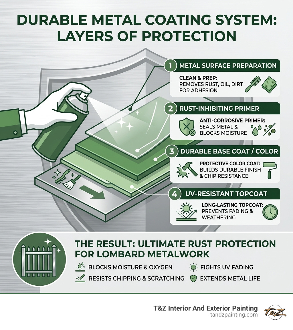 Infographic showing layers of a durable metal coating system from primer to topcoat with rust protection - durable spray Infographic showing layers of a durable metal coating system from primer to topcoat with rust protection - durable spray