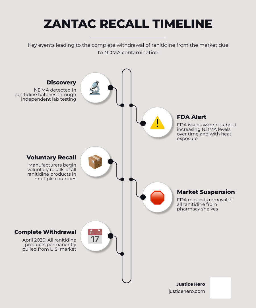 Timeline of Zantac market withdrawal and FDA recall of ranitidine with NDMA contamination details - alternative to