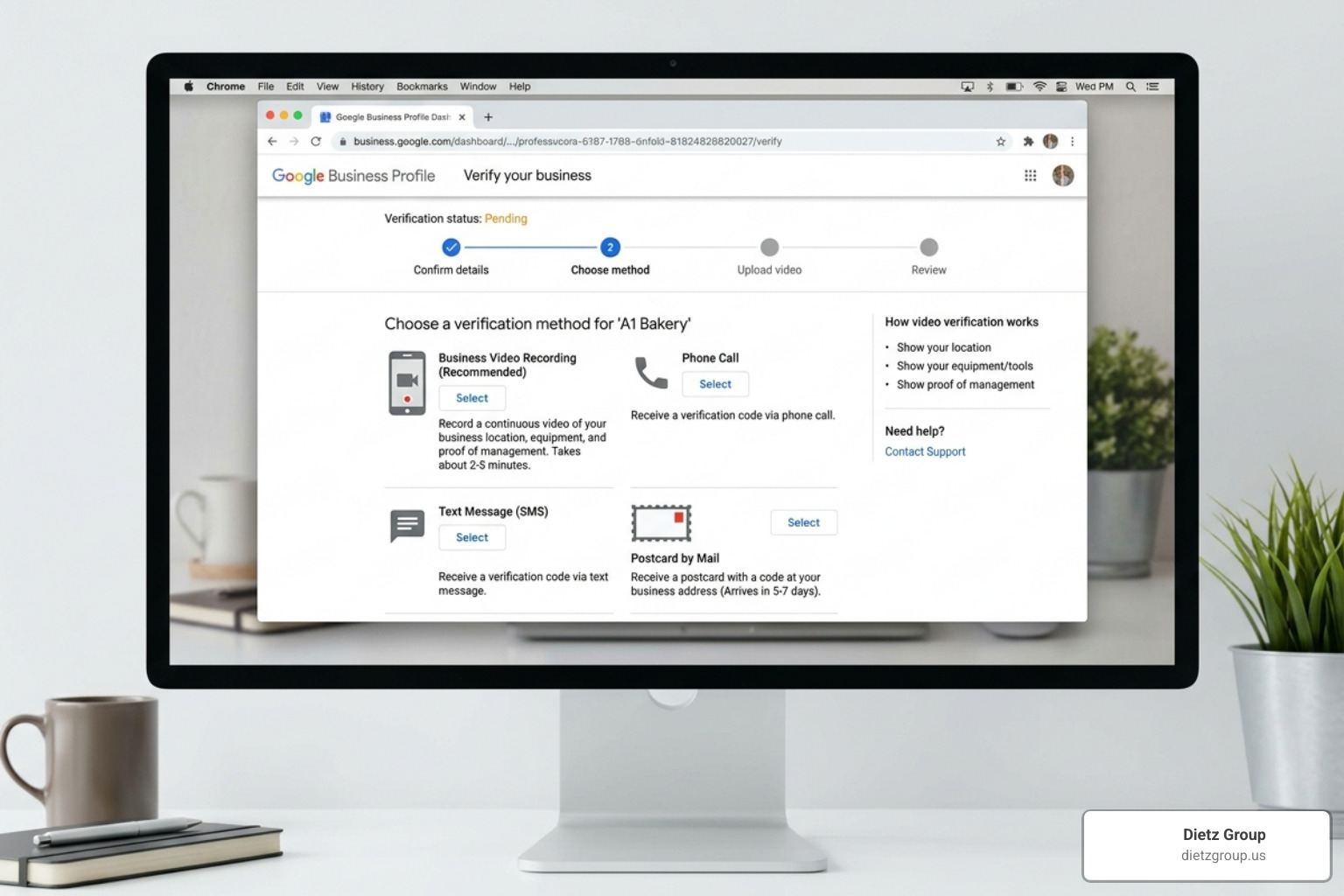 Interface showing the Google Business Profile verification process - Google Business Profile tips