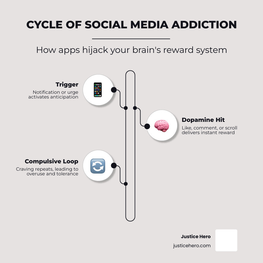 Cycle of social media triggers, dopamine rewards, and compulsive checking behavior infographic - social media addiction Cycle of social media triggers, dopamine rewards, and compulsive checking behavior infographic - social media addiction