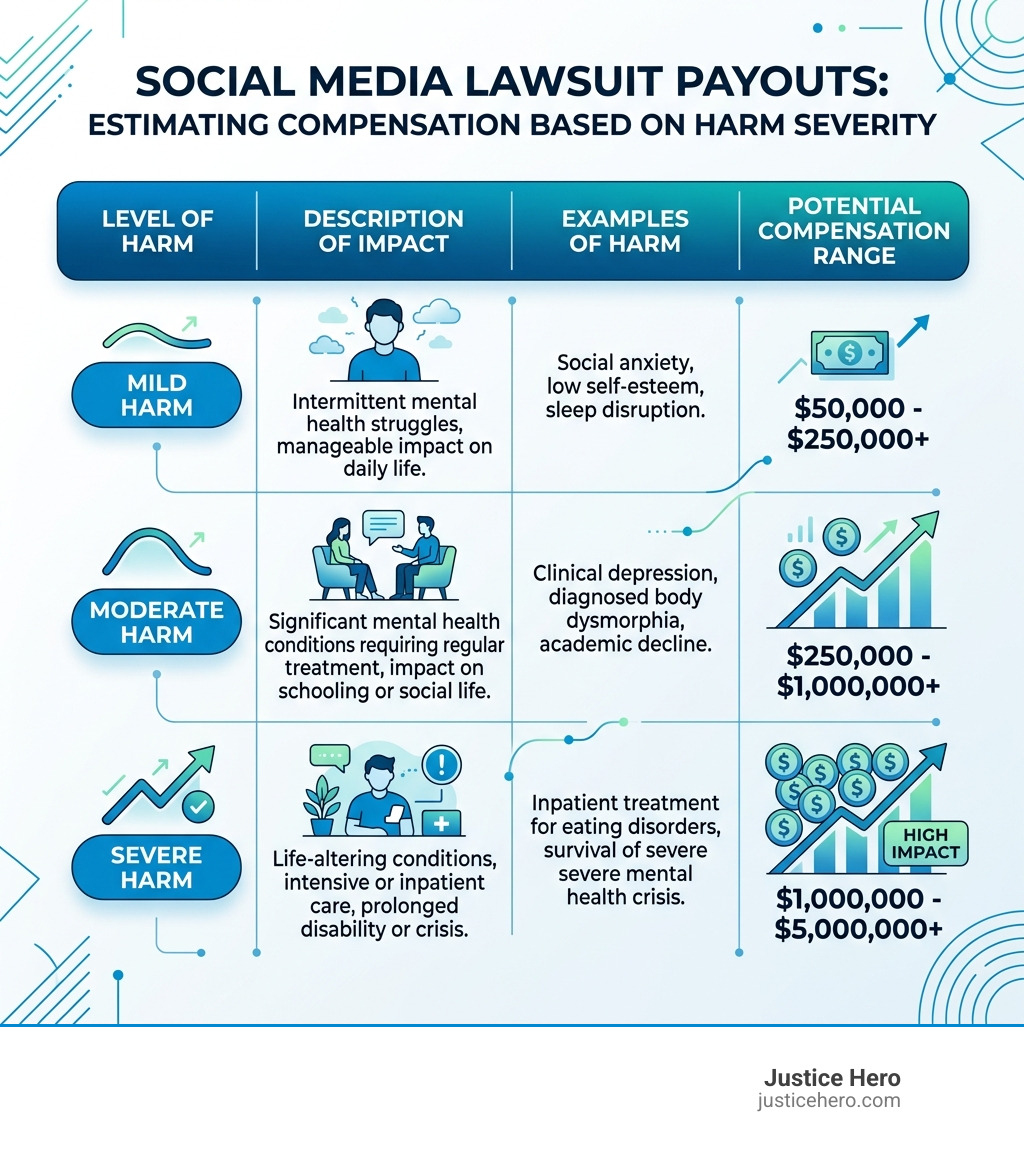 Table comparing severity of harm to potential compensation ranges in social media lawsuits - social media lawsuit payout