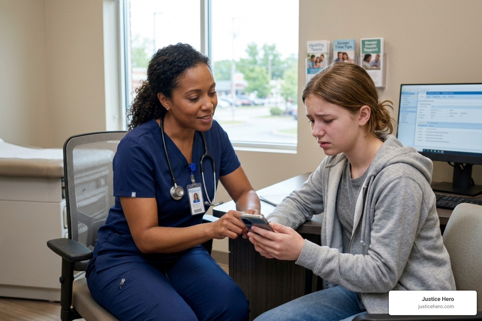 Medical professional consulting with a distressed teenager about social media use - social media lawsuit payout