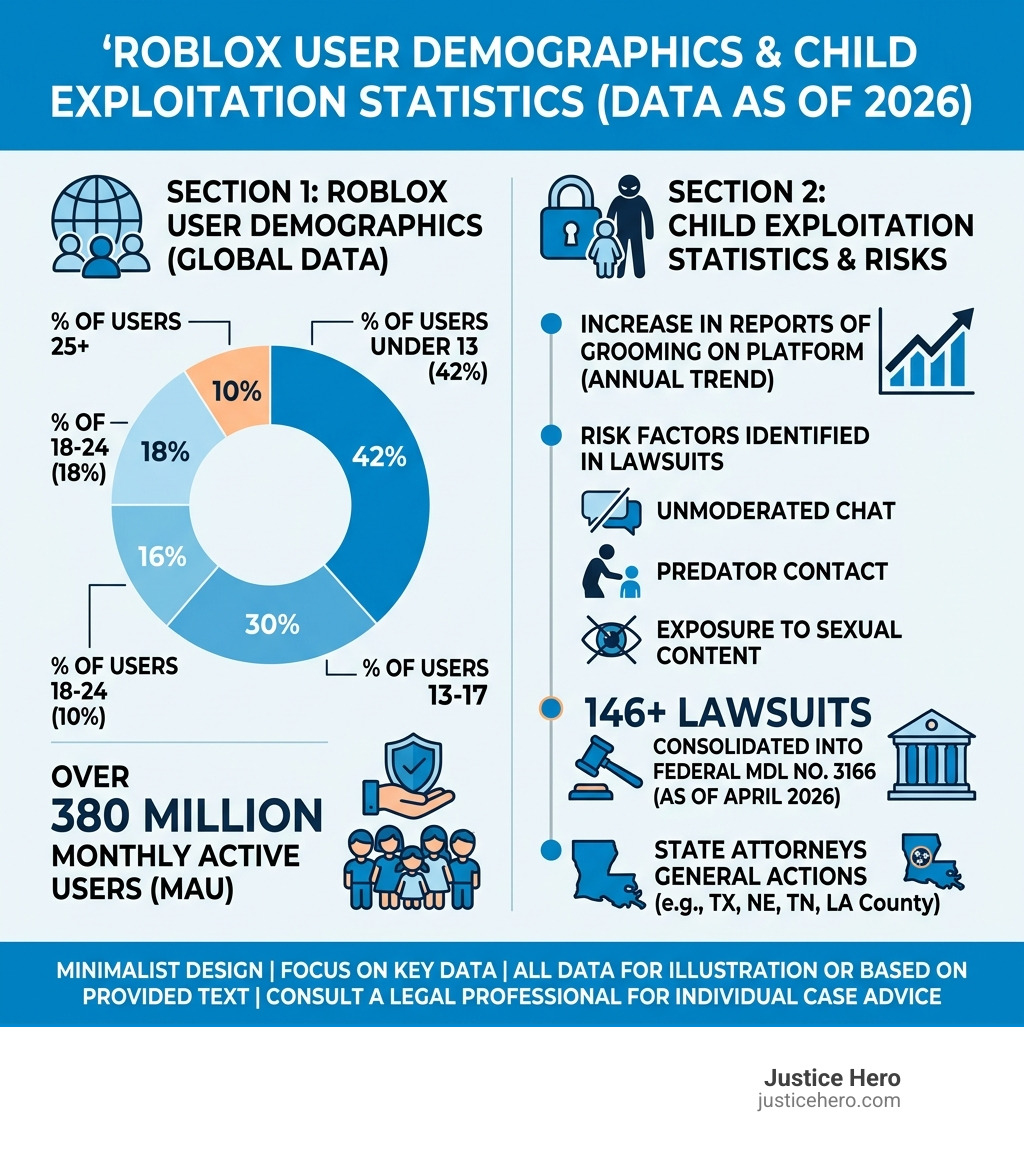 Roblox user demographics and child exploitation statistics infographic - Victim rights Roblox lawsuit infographic 