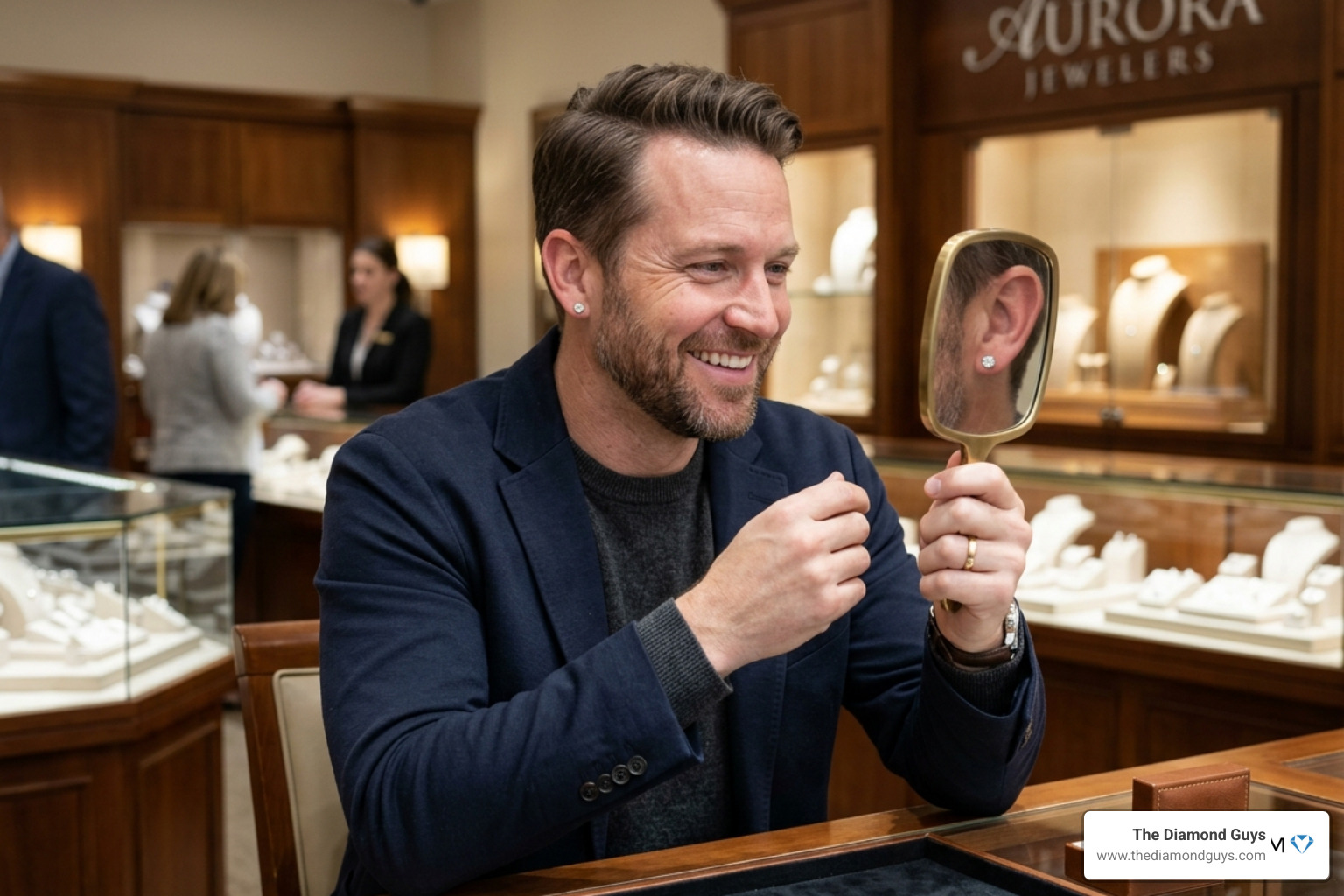 A satisfied customer smiling while trying on diamond stud earrings - Which local jewelers in Scottsdale carry a wide A satisfied customer smiling while trying on diamond stud earrings - Which local jewelers in Scottsdale carry a wide
