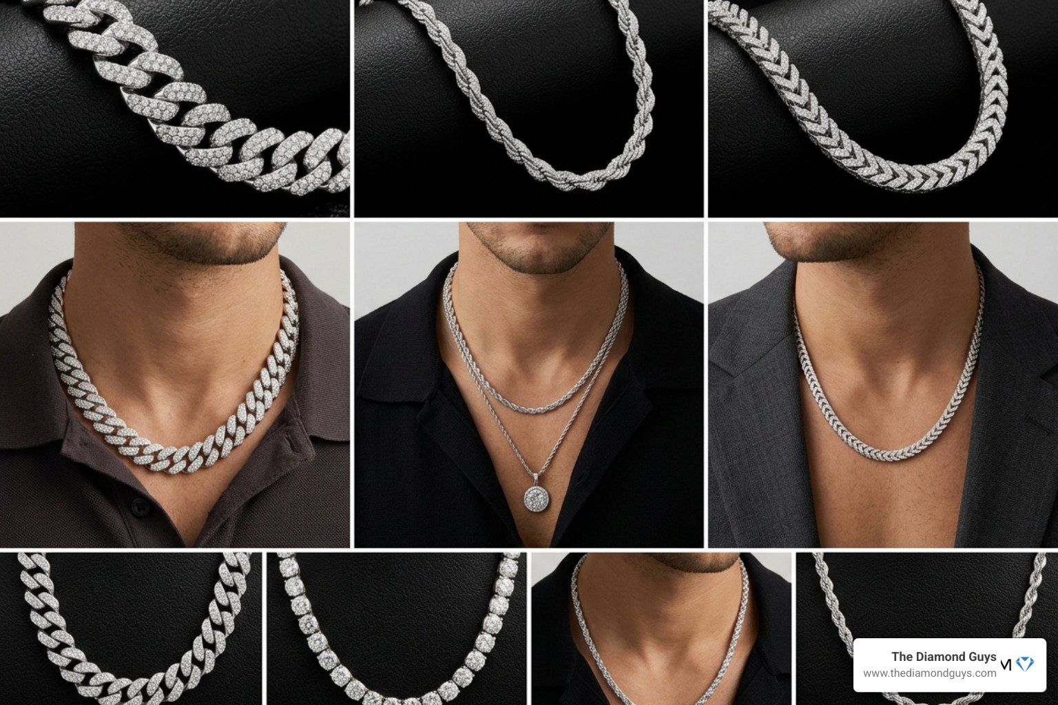 Collage of different men's diamond chain styles (e.g., Cuban, rope, Franco) - Which jewelry stores in the Phoenix area are Collage of different men's diamond chain styles (e.g., Cuban, rope, Franco) - Which jewelry stores in the Phoenix area are